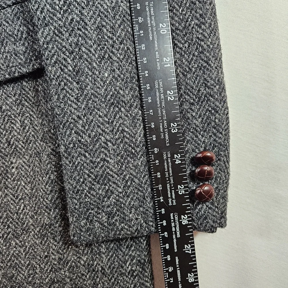 Vtg Harris Tweed Nordstrom Grey Herringbone Wool Sport Coat Blazer 42L Lthr Btn‎